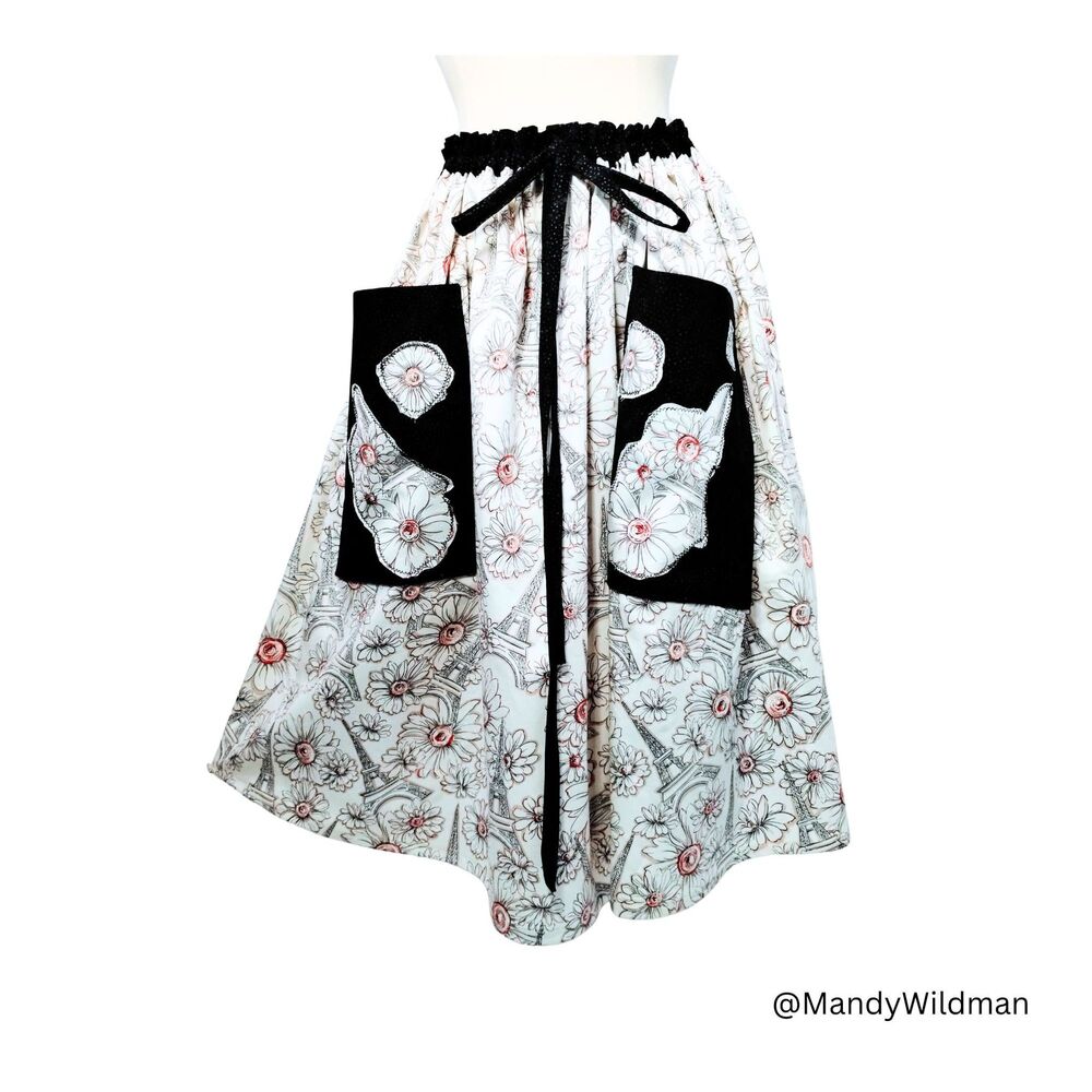 Handmade Women's skirt big pockets. Gathered tie waist. Cotton. Scrunchie. M-XXL